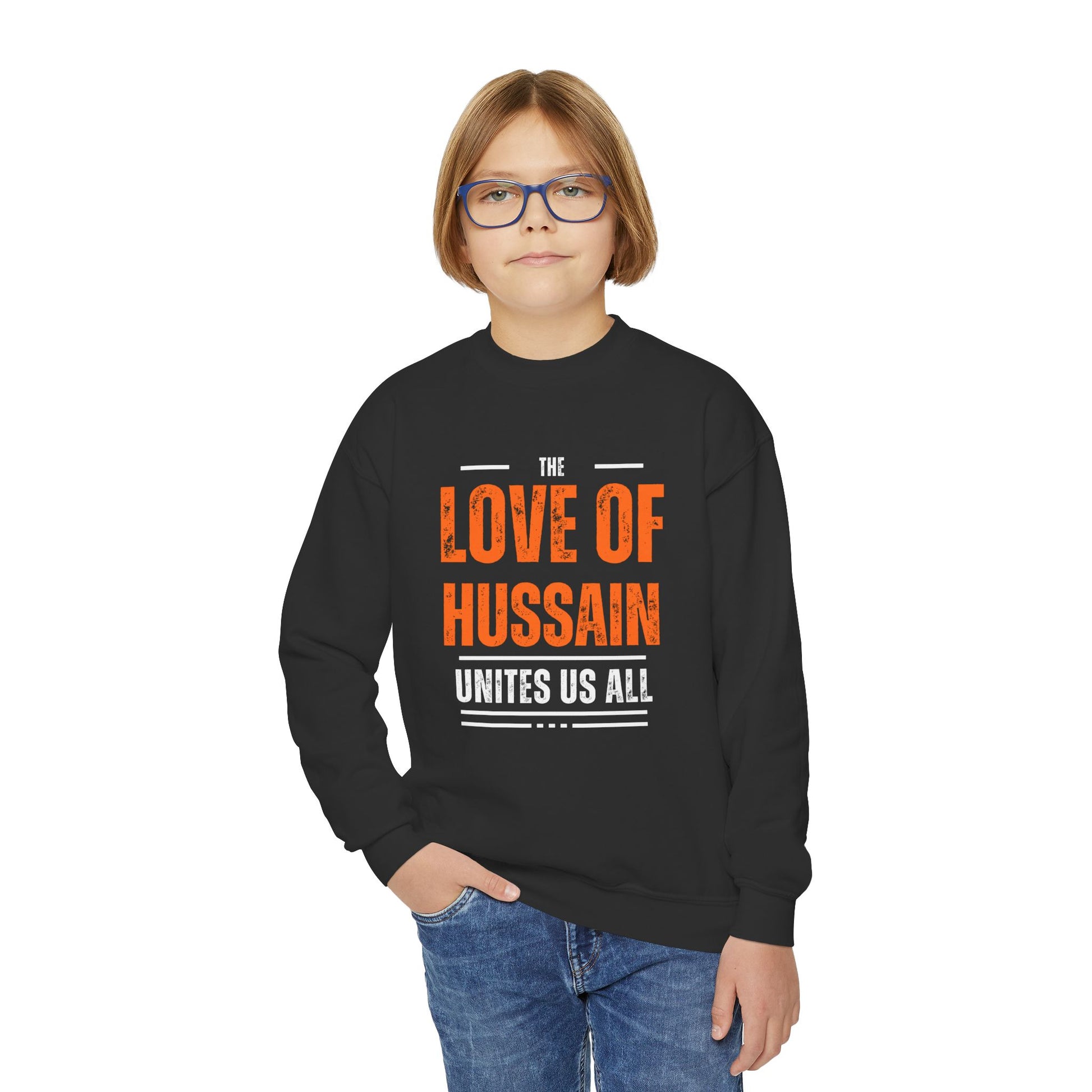 “The Love of Hussain (AS) Unites Us All” – Muharram & Arbaeen Edition | Unisex Youth Crewneck Sweatshirt