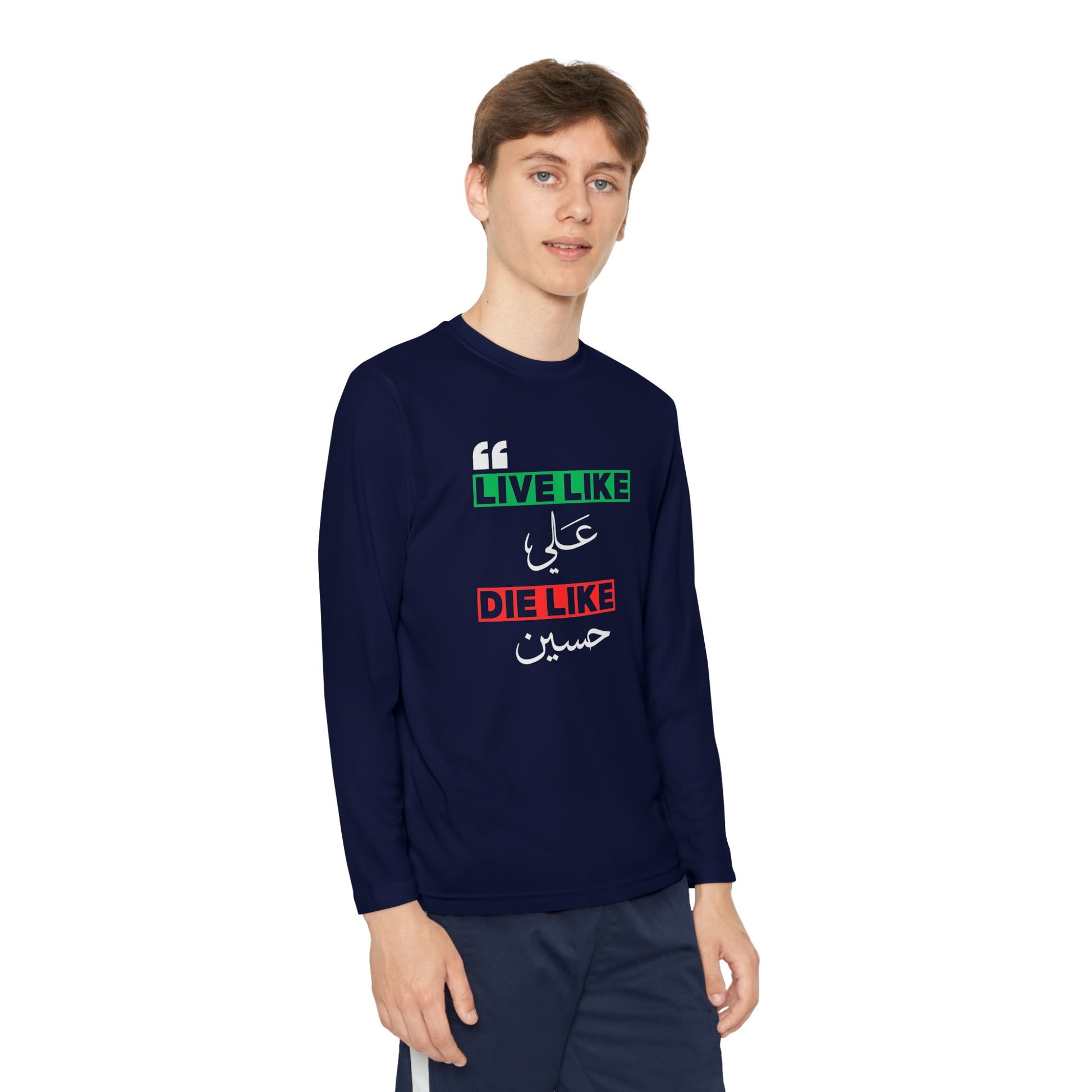 “Live like Ali, die like Hussain” – Muharram & Arbaeen Edition | Unisex Youth Long Sleeve Competitor Tee