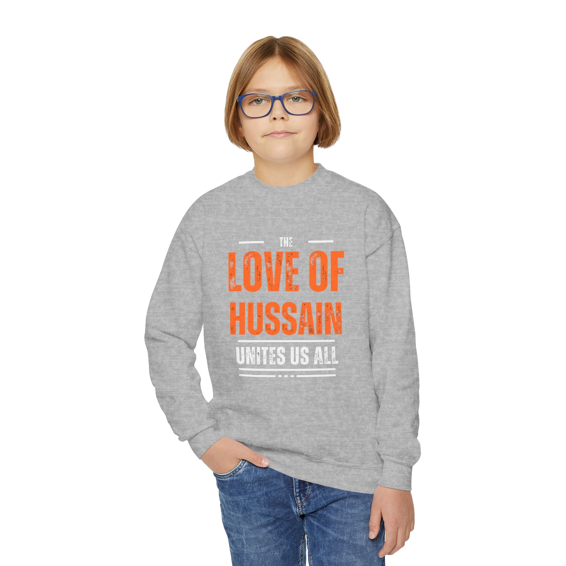 “The Love of Hussain (AS) Unites Us All” – Muharram & Arbaeen Edition | Unisex Youth Crewneck Sweatshirt