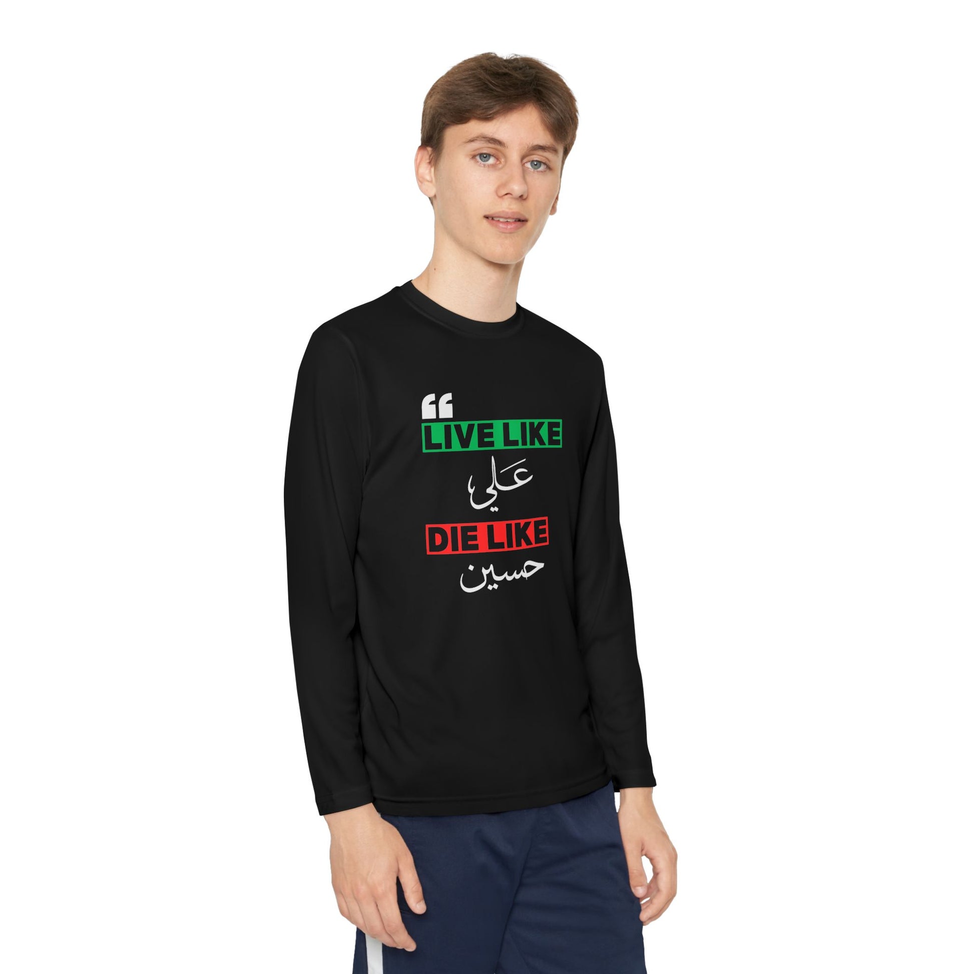 “Live like Ali, die like Hussain” – Muharram & Arbaeen Edition | Unisex Youth Long Sleeve Competitor Tee