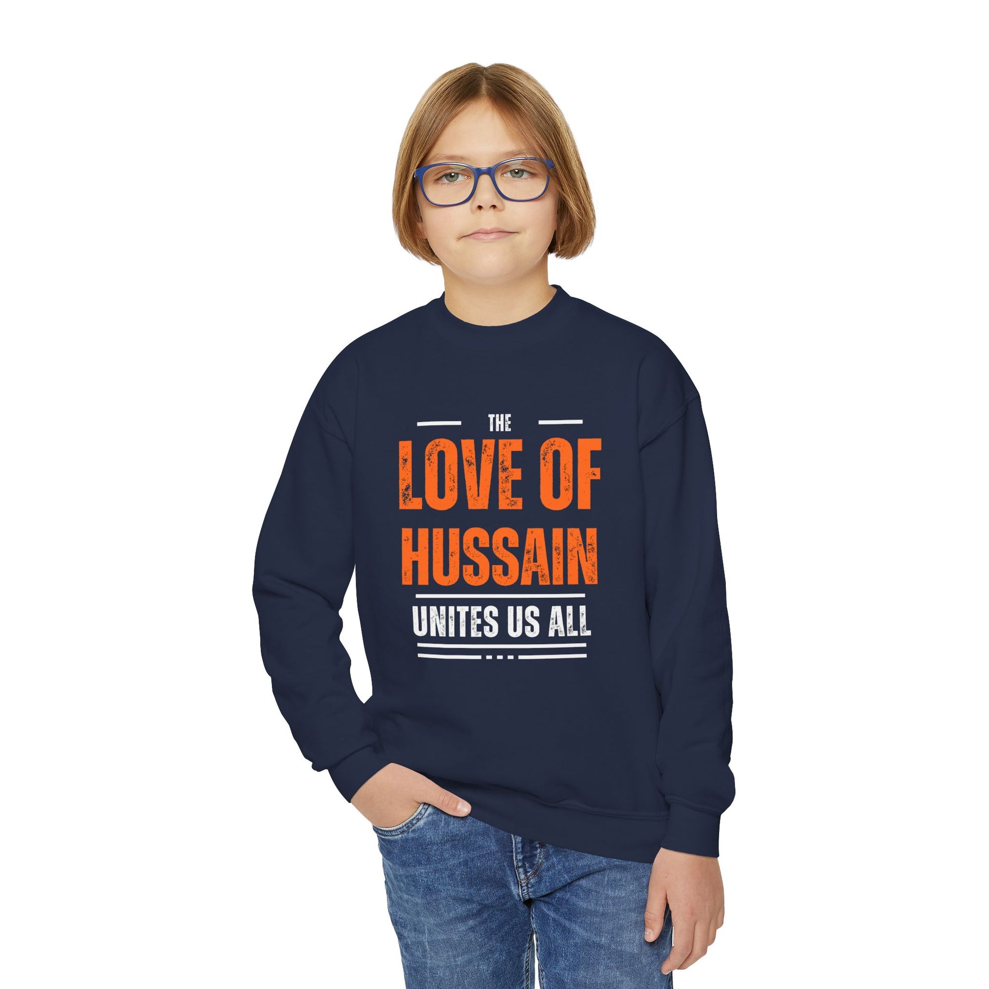 “The Love of Hussain (AS) Unites Us All” – Muharram & Arbaeen Edition | Unisex Youth Crewneck Sweatshirt