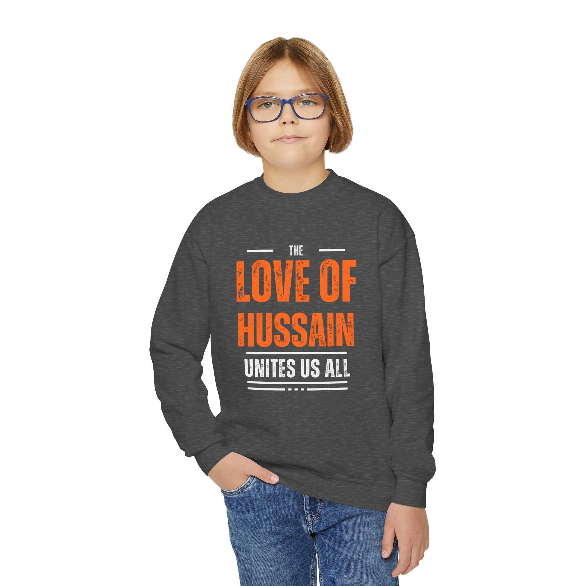 “The Love of Hussain (AS) Unites Us All” – Muharram & Arbaeen Edition | Unisex Youth Crewneck Sweatshirt