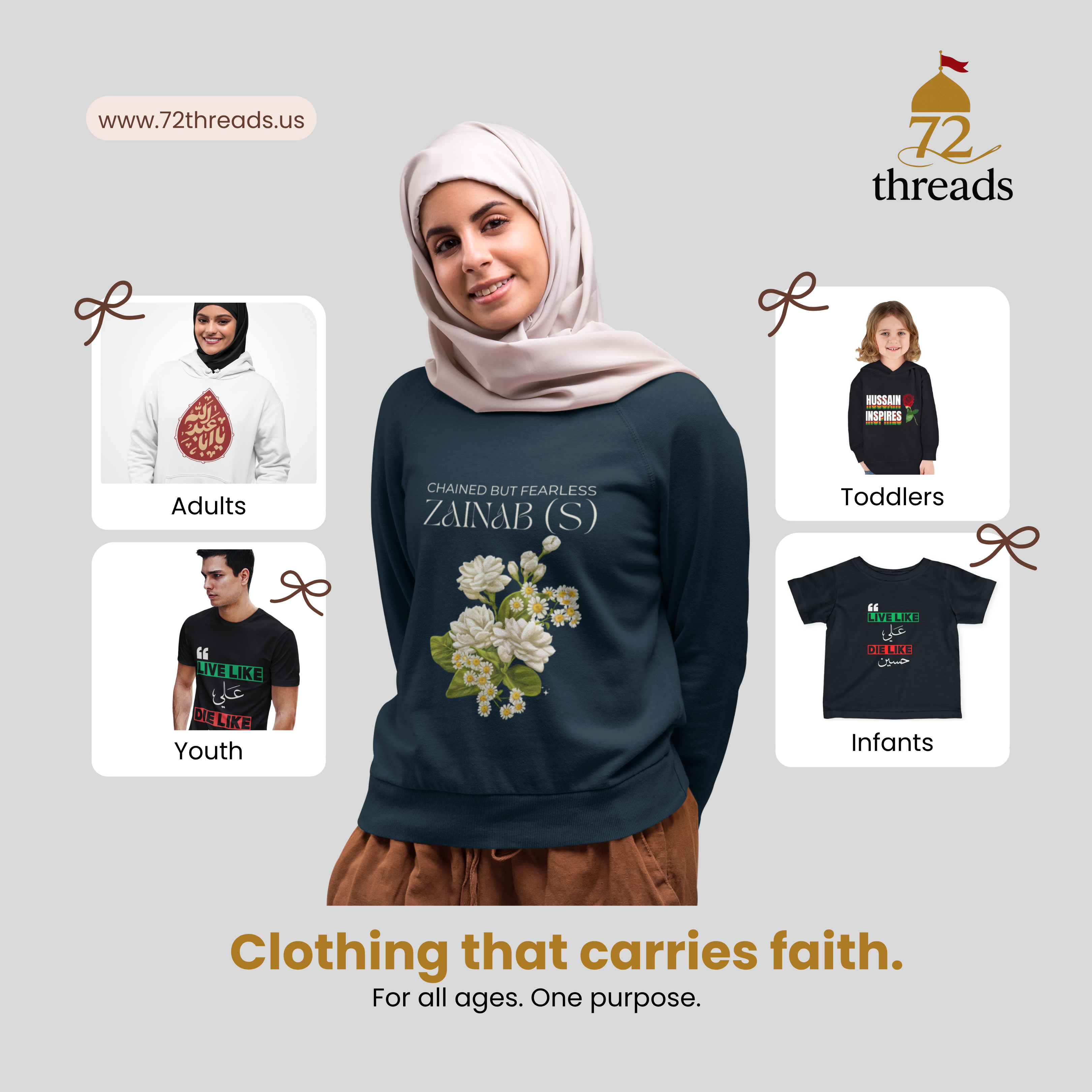 Woman wearing a navy blue sweatshirt with floral design and text, surrounded by smaller images of shirts for adults, toddlers, and infants, with '72 threads' branding. Inspired by Karbala, Imam Hussain, the 12 imams, and Holy Prophet SAWW