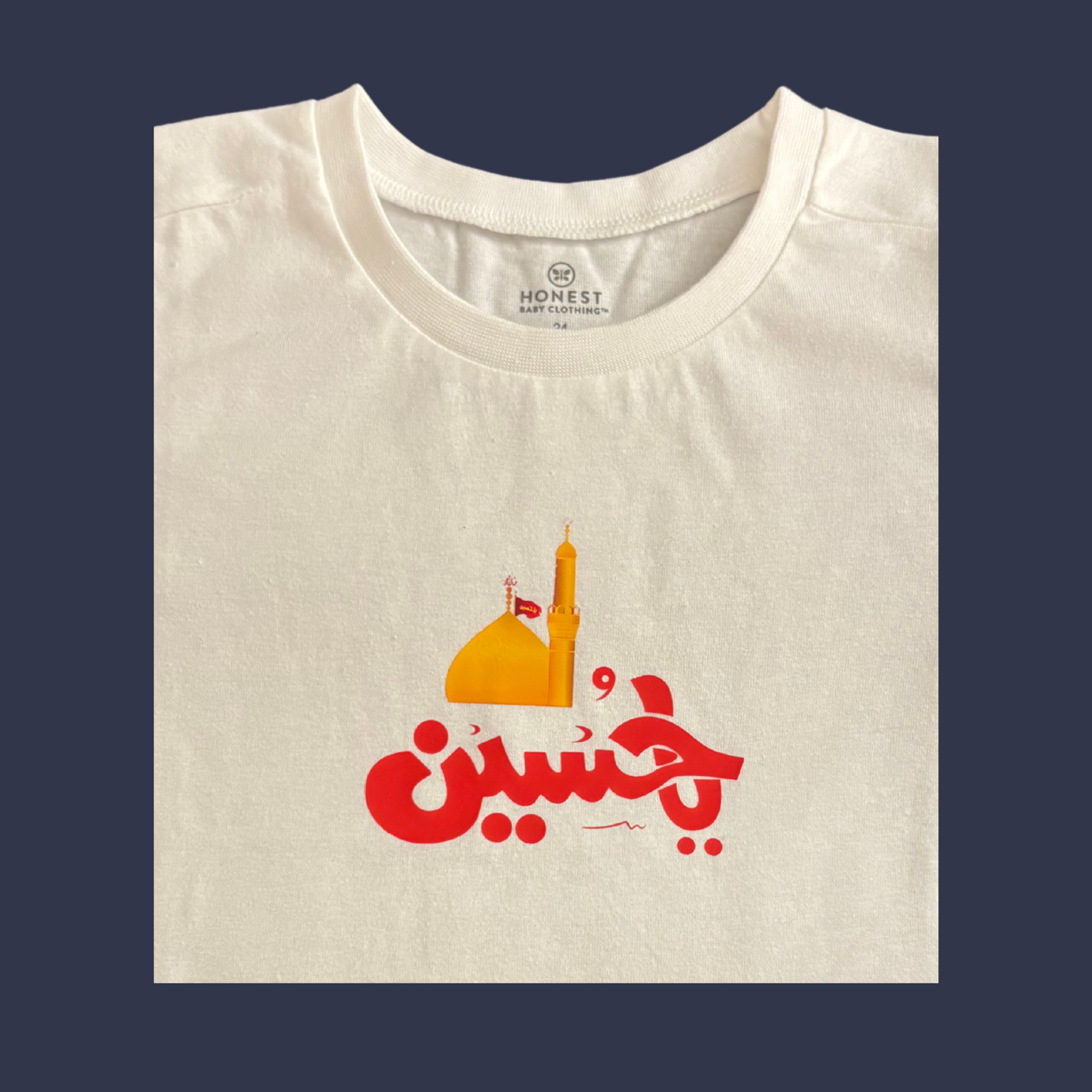 Ya Hussain (AS) Toddler T-Shirt – Muharram and Arbaeen – Unisex Black-White | Arabic Calligraphy with Imam Hussain Shrine Print