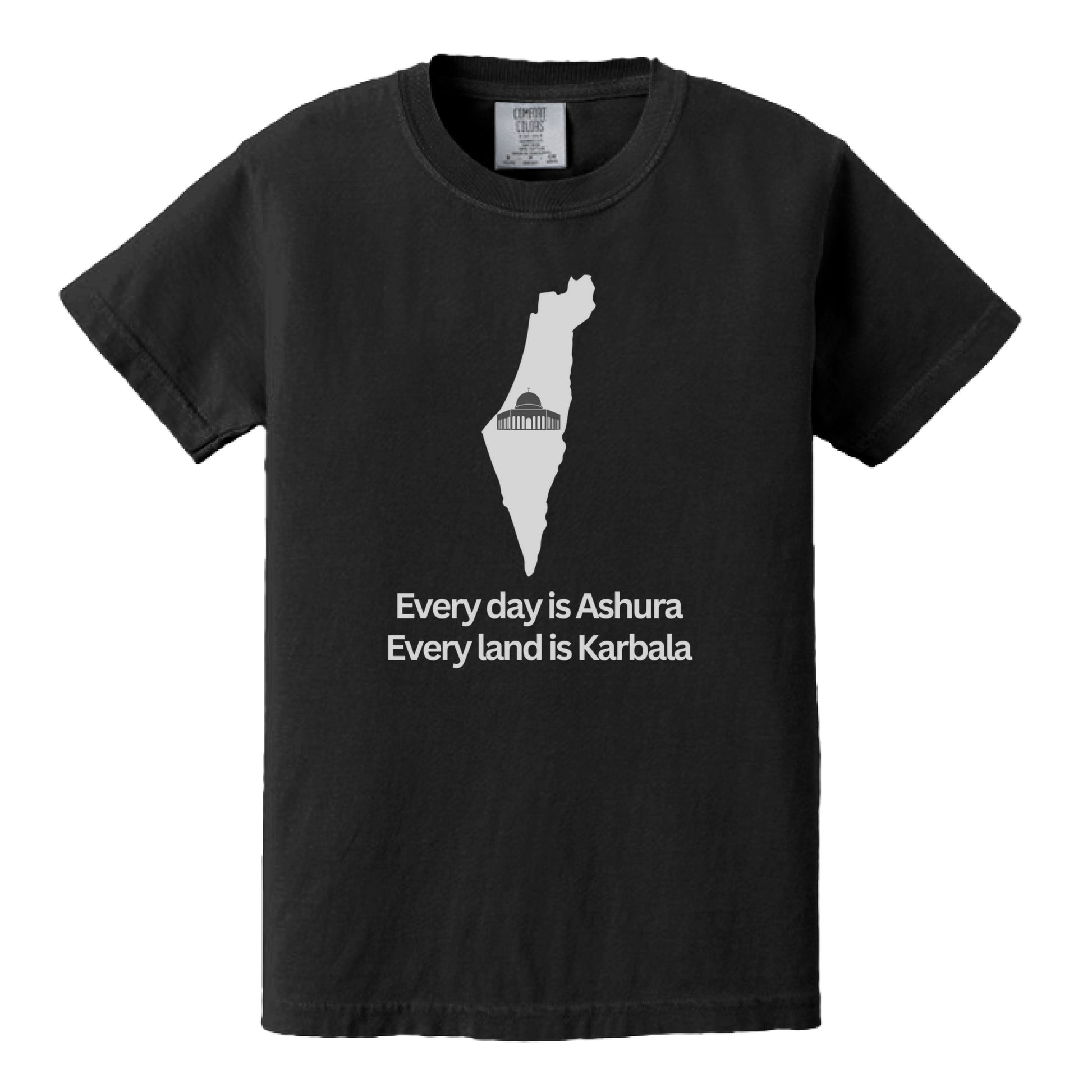 palestine map with hadith from imam jafar every day is ashura every land is karbala-black